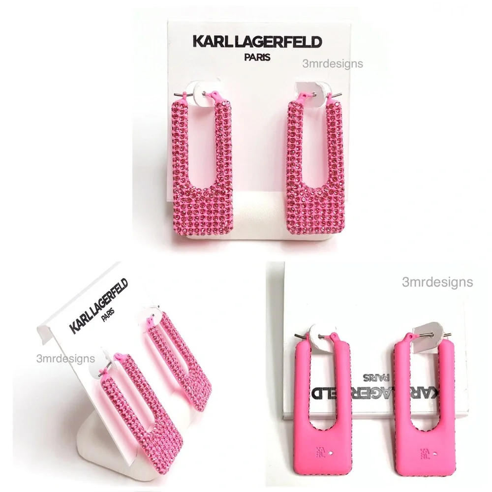 NWT KARL LAGERFELD Pink Color-Coated Glass Crystal Square Hoop Earrings - Picture 2 of 7